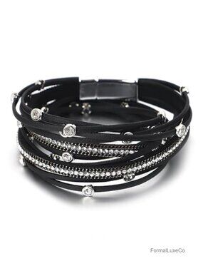 Leather Wrap Multi-Layer Pearl Crystal Bracelet Bangle